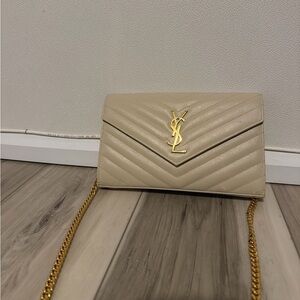 Yves Saint Laurent Beige Quilted Clutch with Gold Chain